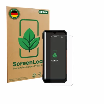 Front side of a product packaging with the brand logo ScreenLeaf. Next to it is the device myPhone Hammer Construction 2 Therm