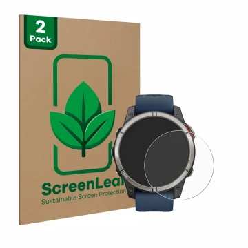 Front side of a product packaging with the brand logo ScreenLeaf. Next to it is the device Garmin quatix 7 Pro shown with the 