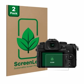 Front side of a product packaging with the brand logo ScreenLeaf. Next to it is the device Panasonic Lumix DC-G97 shown with t