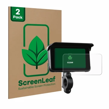 Front side of a product packaging with the brand logo ScreenLeaf. Next to it is the device Midland Bike-Play-Guardian shown wi
