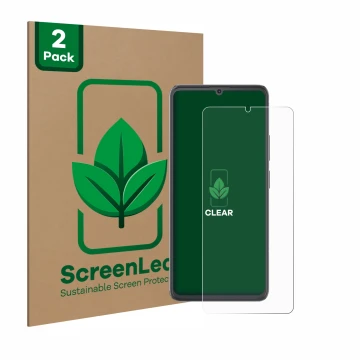 Front side of a product packaging with the brand logo ScreenLeaf. Next to it is the device Cubot A20 shown with the correspond