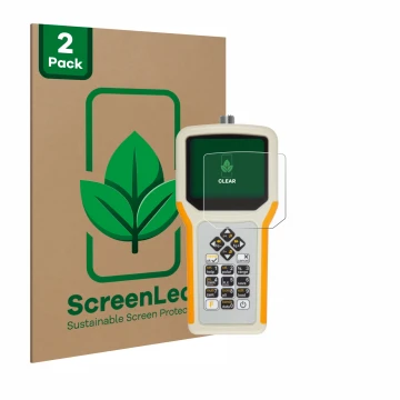 Front side of a product packaging with the brand logo ScreenLeaf. Next to it is the device RigExpert AA-55 Zoom shown with the