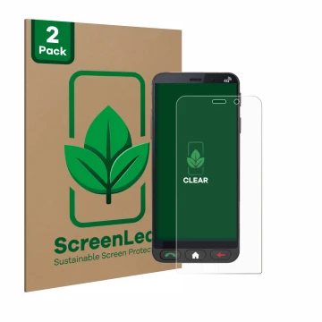 Front side of a product packaging with the brand logo ScreenLeaf. Next to it is the device Brondi Amico Vero 4G shown with the