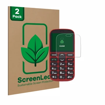 Front side of a product packaging with the brand logo ScreenLeaf. Next to it is the device Doro 1360 shown with the correspond