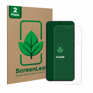 Front side of a product packaging with the brand logo ScreenLeaf. Next to it is the device Samsung Galaxy S25 Plus shown with 