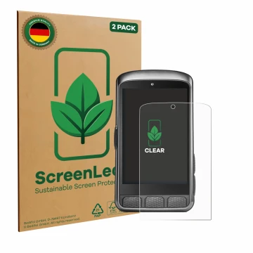 Front side of a product packaging with the brand logo ScreenLeaf. Next to it is the device Wahoo Elemnt ACE shown with the cor