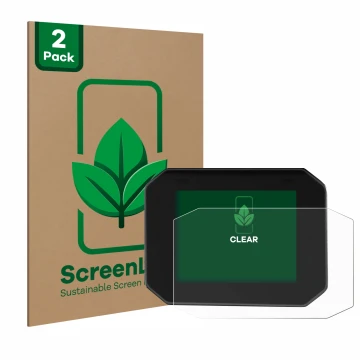 Front side of a product packaging with the brand logo ScreenLeaf. Next to it is the device Moto Guzzi Stelvio 2024 shown with 