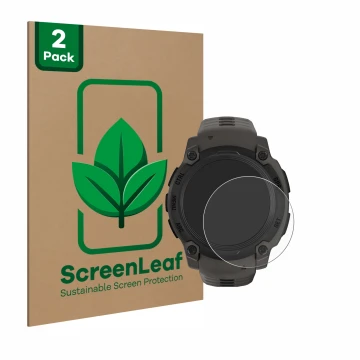 Front side of a product packaging with the brand logo ScreenLeaf. Next to it is the device Garmin Instinct E (40 mm) shown wit