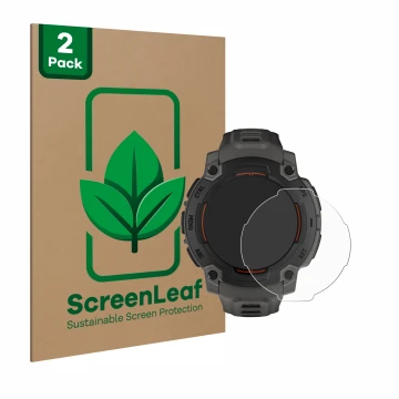Front side of a product packaging with the brand logo ScreenLeaf. Next to it is the device Garmin Instinct E (45 mm) shown wit