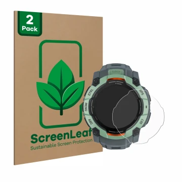 Front side of a product packaging with the brand logo ScreenLeaf. Next to it is the device Garmin Instinct 3 AMOLED (50 mm) sh