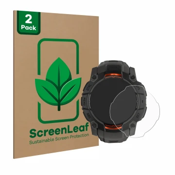 Front side of a product packaging with the brand logo ScreenLeaf. Next to it is the device Garmin Instinct 3 Solar (50 mm) sho