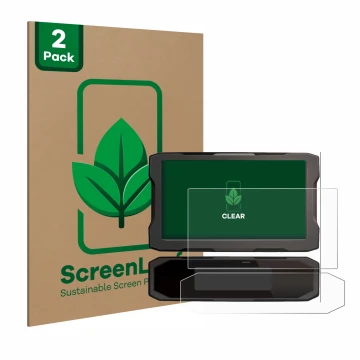 Front side of a product packaging with the brand logo ScreenLeaf. Next to it is the device Honda CRF1100L 2024 Speedometer dis