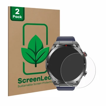 Front side of a product packaging with the brand logo ScreenLeaf. Next to it is the device Kardena Care One 2 shown with the c