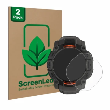 Front side of a product packaging with the brand logo ScreenLeaf. Next to it is the device Garmin Instinct 3 Solar (45 mm) sho