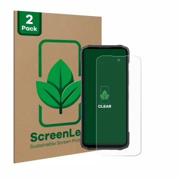 Front side of a product packaging with the brand logo ScreenLeaf. Next to it is the device Doogee Blade 10 Power shown with th