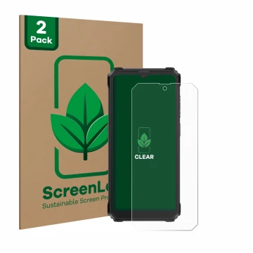 Front side of a product packaging with the brand logo ScreenLeaf. Next to it is the device Blackview BV6200 Plus shown with th