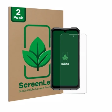 Front side of a product packaging with the brand logo ScreenLeaf. Next to it is the device Doogee Blade GT shown with the corr