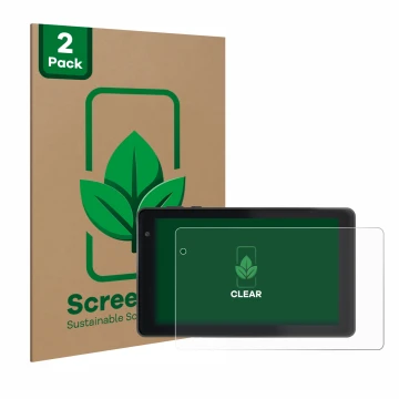 Front side of a product packaging with the brand logo ScreenLeaf. Next to it is the device Lisciani Mio Tab 7 shown with the c