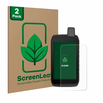 Front side of a product packaging with the brand logo ScreenLeaf. Next to it is the device Garmin Montana 710 shown with the c