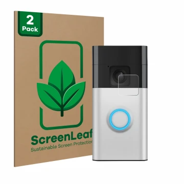 Front side of a product packaging with the brand logo ScreenLeaf. Next to it is the device Ring Battery Video Doorbell shown w