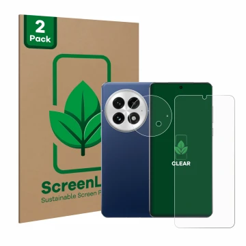 Front side of a product packaging with the brand logo ScreenLeaf. Next to it is the device OnePlus 13 (Front+Camera) shown wit