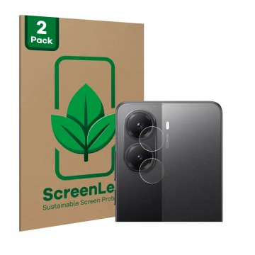 Front side of a product packaging with the brand logo ScreenLeaf. Next to it is the device Xiaomi Poco X7 Pro (ONLY Camera Len