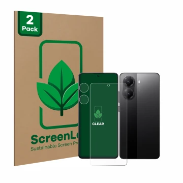 Front side of a product packaging with the brand logo ScreenLeaf. Next to it is the device Xiaomi Poco X7 Pro (Front+Camera) s