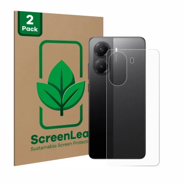 Front side of a product packaging with the brand logo ScreenLeaf. Next to it is the device Xiaomi Poco X7 Pro (Back) shown wit