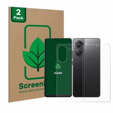 Front side of a product packaging with the brand logo ScreenLeaf. Next to it is the device Xiaomi Poco X7 Pro (Front+Back) sho