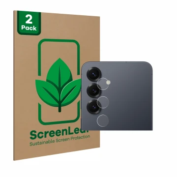Front side of a product packaging with the brand logo ScreenLeaf. Next to it is the device Samsung Galaxy S25 (ONLY Camera Len