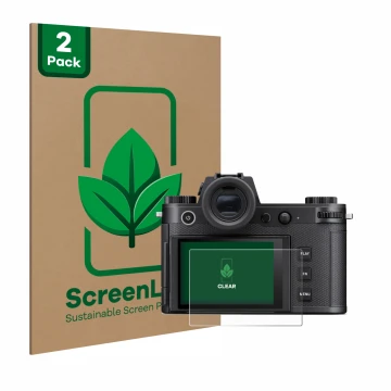 Front side of a product packaging with the brand logo ScreenLeaf. Next to it is the device Leica SL3-S shown with the correspo