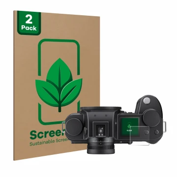 Front side of a product packaging with the brand logo ScreenLeaf. Next to it is the device Leica SL3-S (top plate display) sho