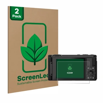 Front side of a product packaging with the brand logo ScreenLeaf. Next to it is the device Yashica City 200 shown with the cor