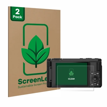 Front side of a product packaging with the brand logo ScreenLeaf. Next to it is the device Yashica City 100 shown with the cor
