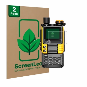 Front side of a product packaging with the brand logo ScreenLeaf. Next to it is the device Quansheng UV-K5 (99) shown with the