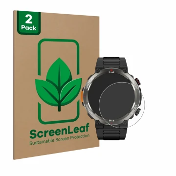 Front side of a product packaging with the brand logo ScreenLeaf. Next to it is the device Blackview W50 Pro 1.45