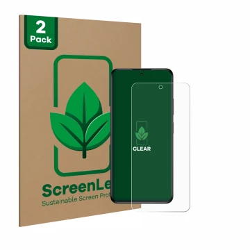 Front side of a product packaging with the brand logo ScreenLeaf. Next to it is the device myPhone N23 Plus shown with the cor