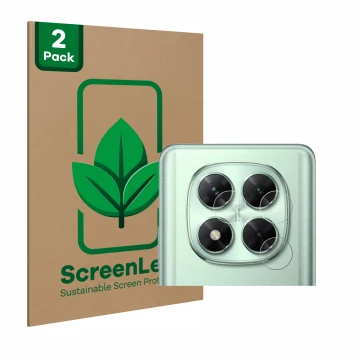 Front side of a product packaging with the brand logo ScreenLeaf. Next to it is the device Xiaomi Poco X7 (ONLY Camera) shown 
