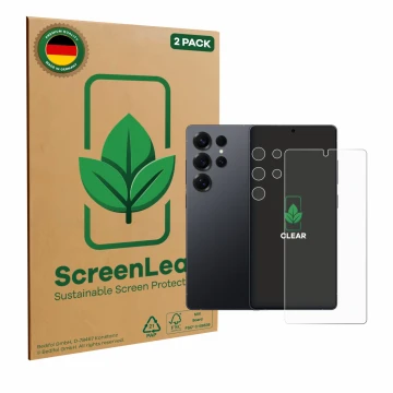 Front side of a product packaging with the brand logo ScreenLeaf. Next to it is the device Samsung Galaxy S25 Ultra (Front+Cam