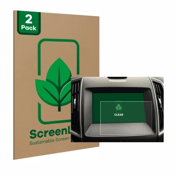 Front side of a product packaging with the brand logo ScreenLeaf. Next to it is the device Ford Galaxy Infotainment Sync 3 (20