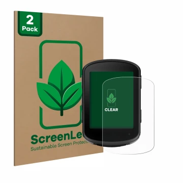 Front side of a product packaging with the brand logo ScreenLeaf. Next to it is the device Garmin Edge 540 Solar shown with th