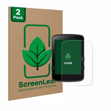 Front side of a product packaging with the brand logo ScreenLeaf. Next to it is the device Bryton Rider 17 shown with the corr