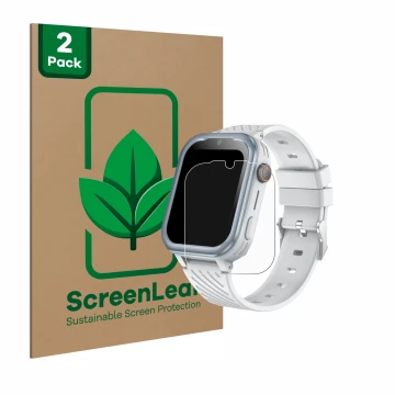 Front side of a product packaging with the brand logo ScreenLeaf. Next to it is the device DDIOYIUR Smartwatch shown with the 