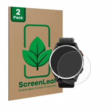 Front side of a product packaging with the brand logo ScreenLeaf. Next to it is the device Garmin Approach S44 shown with the 