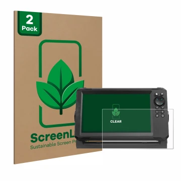 Front side of a product packaging with the brand logo ScreenLeaf. Next to it is the device Lowrance Eagle 9 shown with the cor