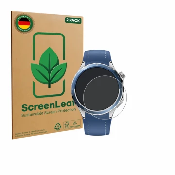 Front side of a product packaging with the brand logo ScreenLeaf. Next to it is the device Oppo Watch X2 shown with the corres