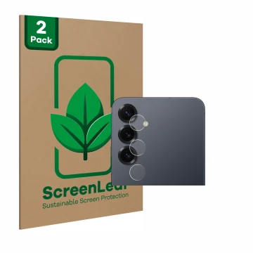 Front side of a product packaging with the brand logo ScreenLeaf. Next to it is the device Samsung Galaxy S25 Plus (ONLY Camer