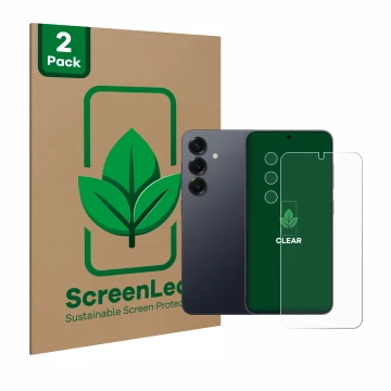 Front side of a product packaging with the brand logo ScreenLeaf. Next to it is the device Samsung Galaxy S25 Plus (Front+Came