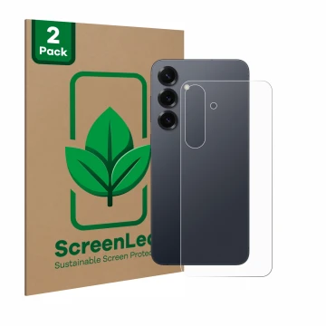 Front side of a product packaging with the brand logo ScreenLeaf. Next to it is the device Samsung Galaxy S25 Plus (Back) show
