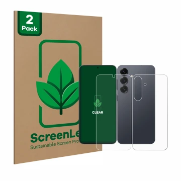 Front side of a product packaging with the brand logo ScreenLeaf. Next to it is the device Samsung Galaxy S25 Plus (Front+Back